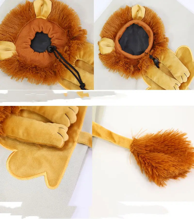 A lion design portable pet carrier bag featuring a plush lion-themed costume with a fluffy orange mane, soft yellow velvet paws and tail, and a black drawstring closure.
