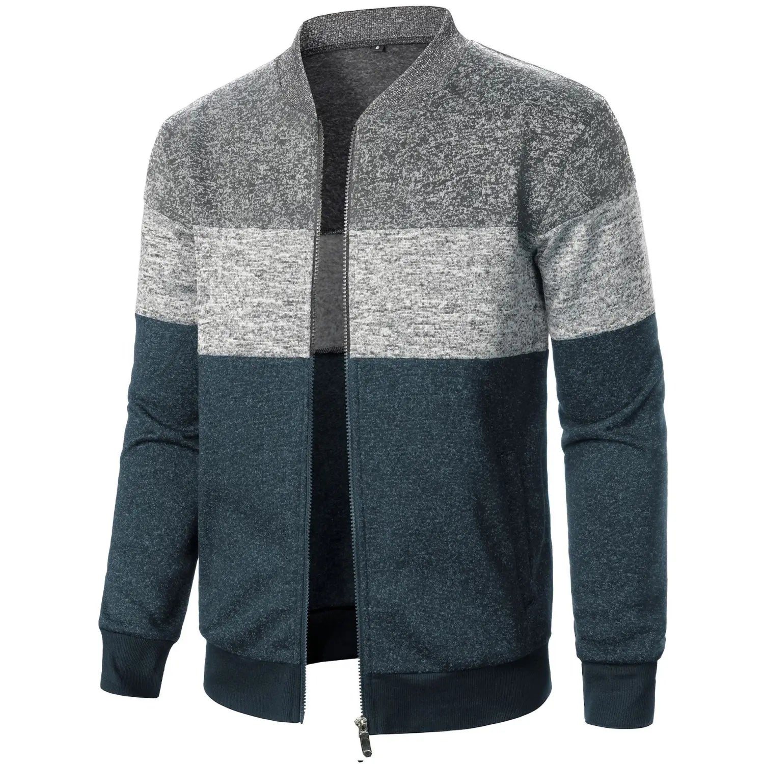 A men’s zip-up colorblock knit bomber jacket featuring a textured heathered gray and dark teal design.