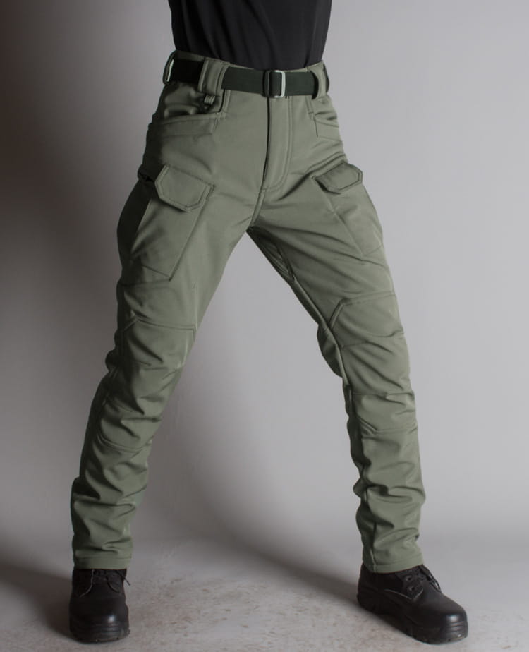 Ix7 mens fleece lined tactical pants in olive green featuring multiple cargo pockets and sturdy belt loop design for durable work trousers.