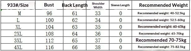 The image displays a size and weight recommendation table for a women linen vest casual v neck sleeveless top listing bust, back length, shoulder width, sleeve length, and recommended weights for sizes m to 4xl.