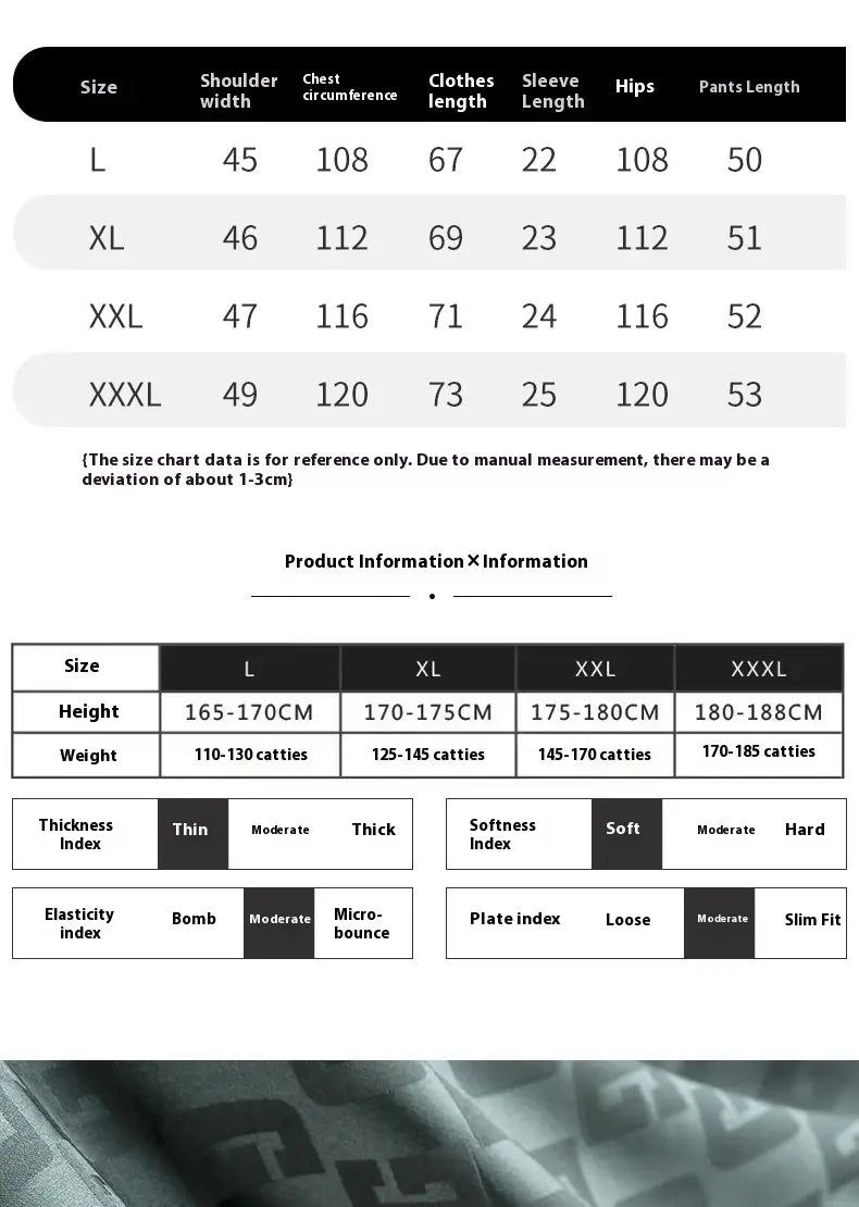 Size chart for men’s ice silk pajama set lightweight summer sleepwear showing women’s clothing measurements in centimeters for sizes L to XXXL.