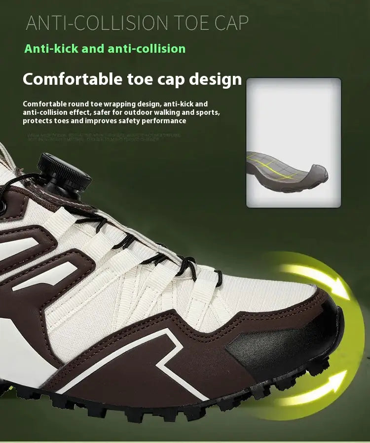 White and brown X111 lightweight off-road breathable hiking shoe with a black lacing system and an anti-collision toe cap designed for outdoor safety.