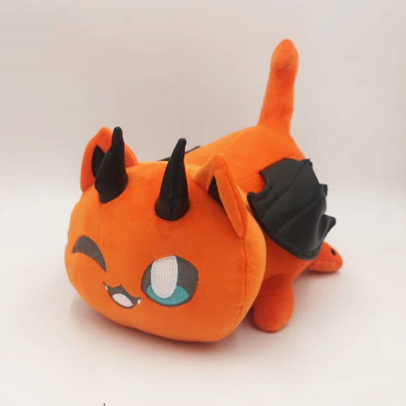 Orange plush cat stuffed animal toy for kids 25cm with black horns and wings featuring a cute winking face and teal eyes.