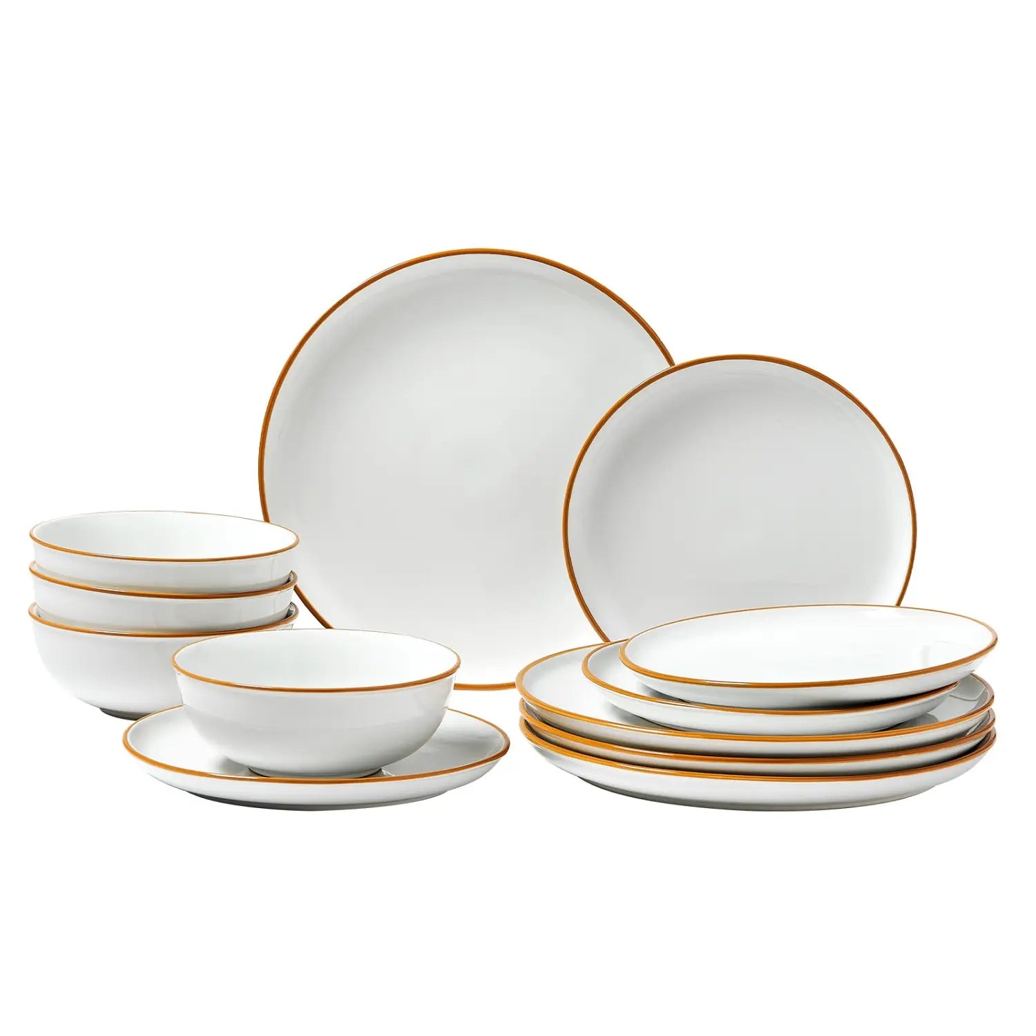 White ceramic dinnerware set with elegant gold rims featuring 12 pieces for formal dining.