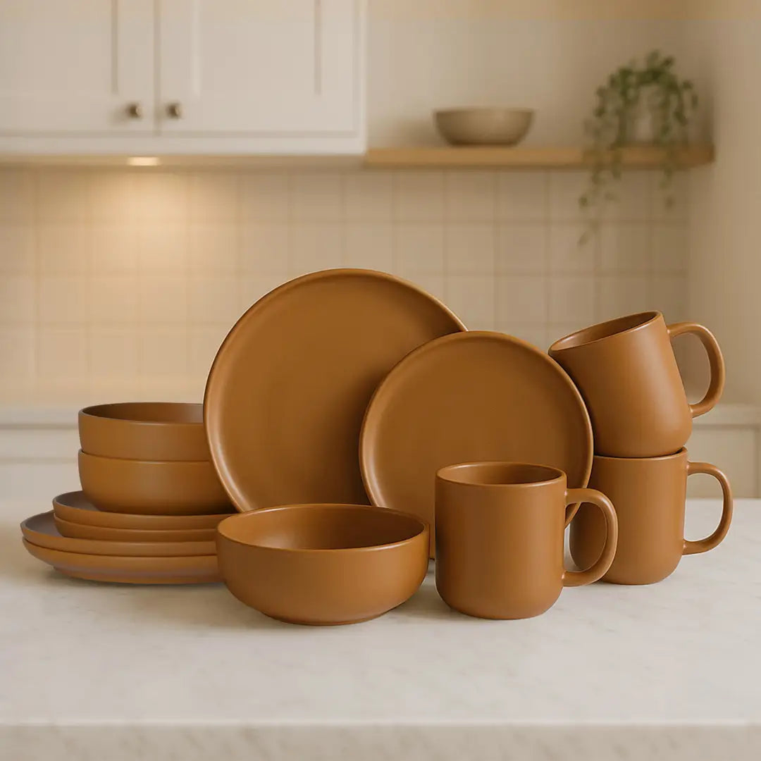 Braunbeiges Steingut-Geschirrset mit 12 Teilen, mit minimalistischer matter Glasur für Teller und Becher, ausgelegt für drei Personen.