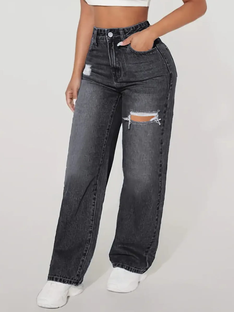 Dark gray high rise wide leg denim jeans made of distressed material with ripped knees.