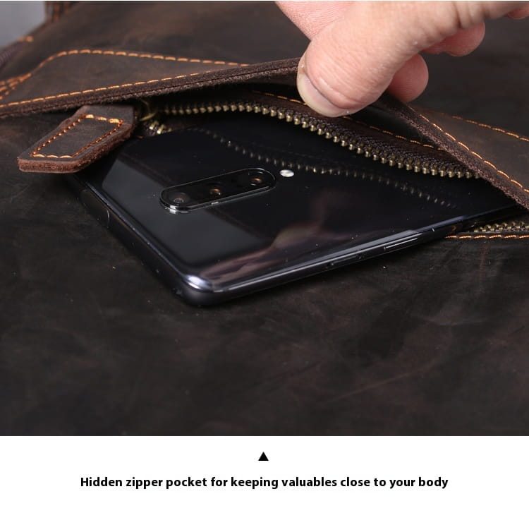 Dark brown leather wallet with tan stitching and a hidden zipper pocket shown with men’s vintage leather backpack in dark brown cowhide.