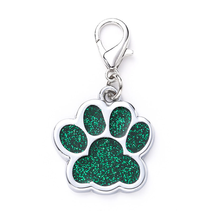 Green glitter paw print metal dog tag charm with a silver-toned metal clasp for pets.