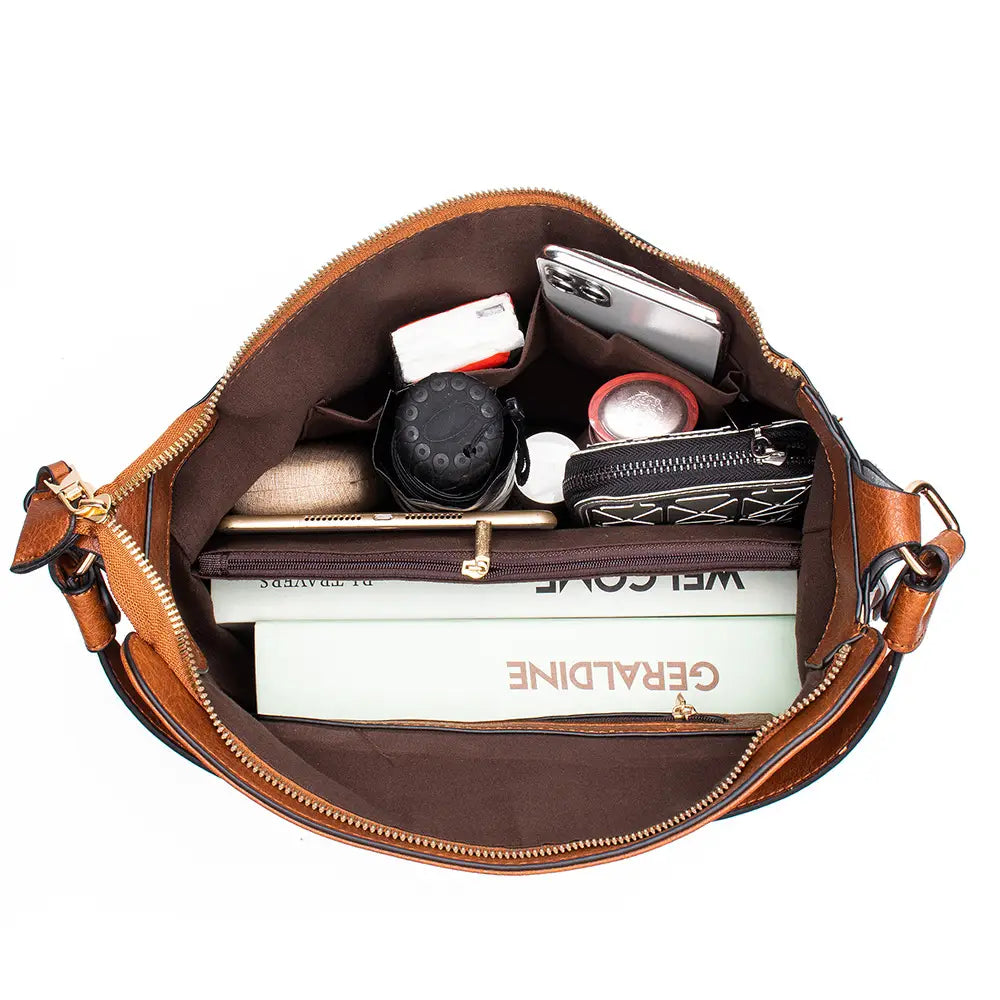 Premium brown leather hobo crossbody bag with multiple compartments and gold-tone zippers designed for convenient daily use.
