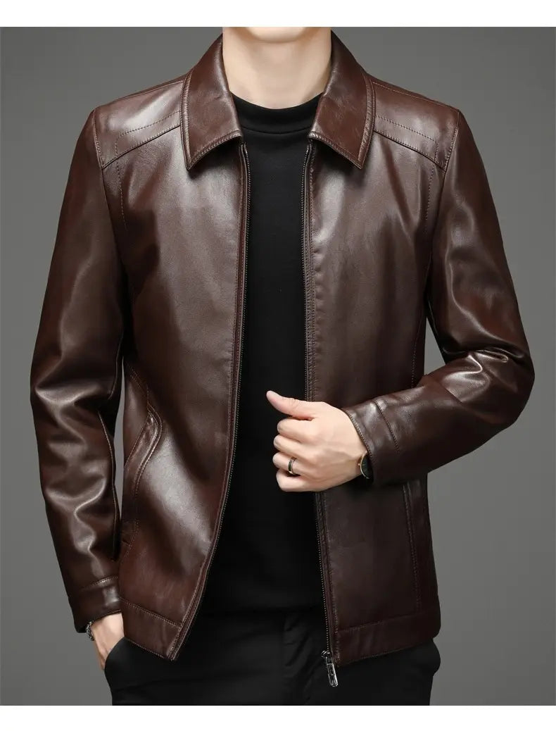 A rich brown men’s sheepskin leather jacket with a classic collar and zipper closure featuring thin fleece lining.