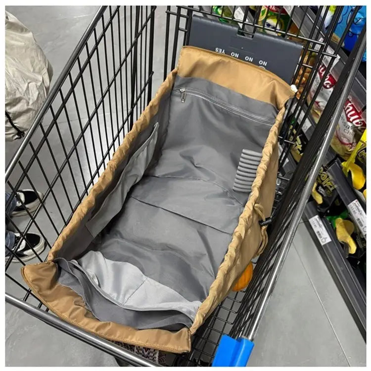 Tan and gray multifunctional waterproof nylon fashion tote and backpack featuring a shopping cart organizer with a zippered compartment and elasticated edges for secure fit.