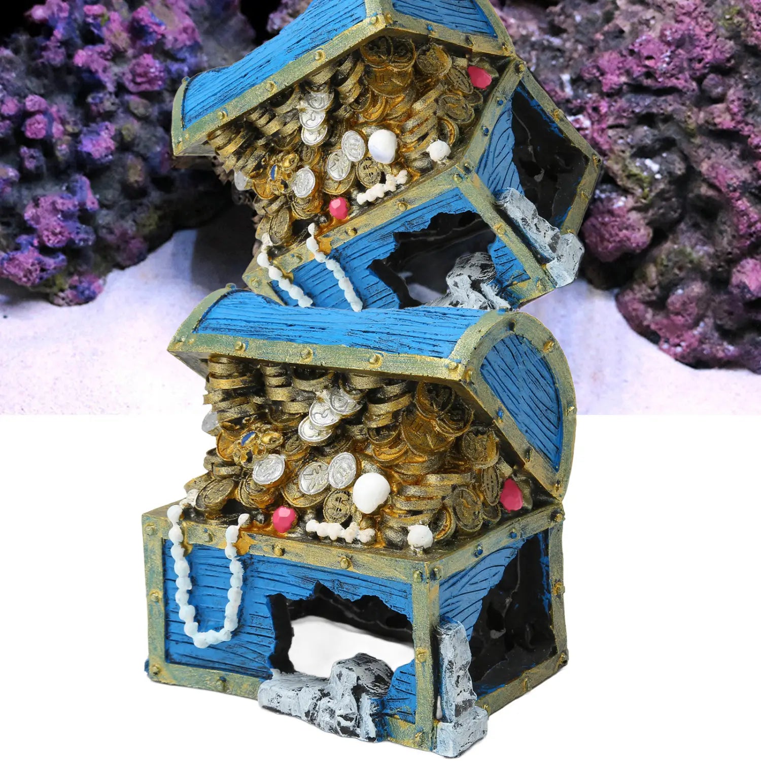 Cofre del tesoro de acuario de resina, escondite para tanque de peces, azul