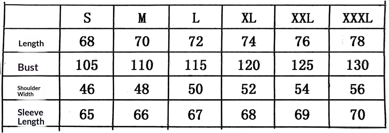 Size chart for colorblock knit bomber jacket men displaying garment measurements in centimeters for sizes s through xxxl.