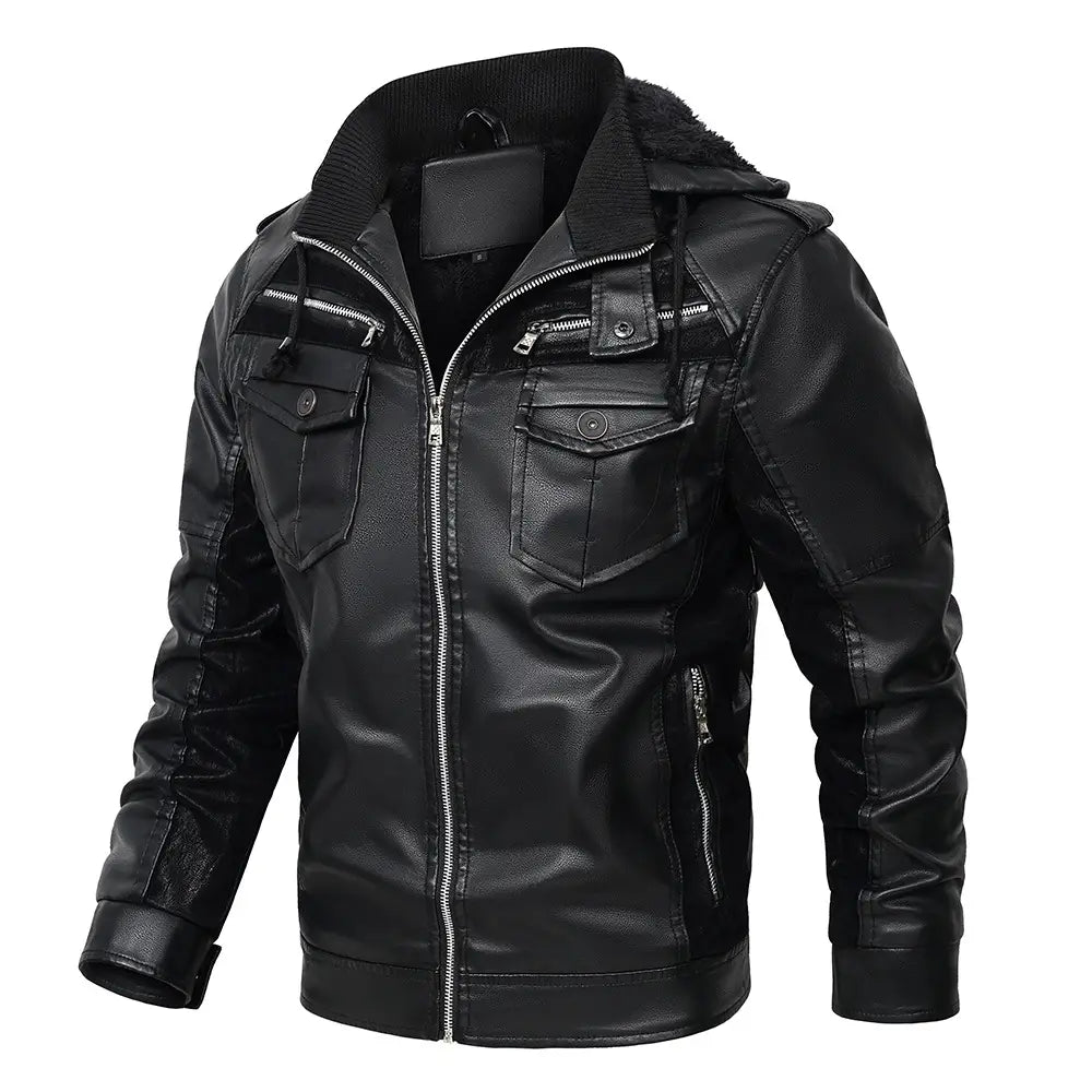 Chaqueta tipo moto de cuero sintético negra para hombre, con capucha forrada con forro polar acolchado y múltiples bolsillos con cierres de cremallera, diseñada para el invierno.