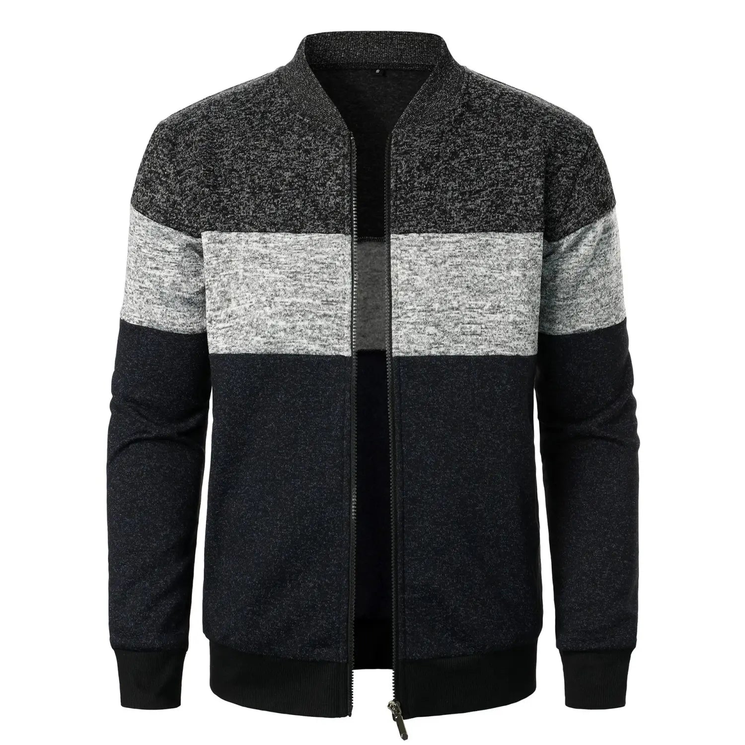 A men’s black gray and white marled knit bomber jacket with ribbed collar and cuffs in a colorblock style.