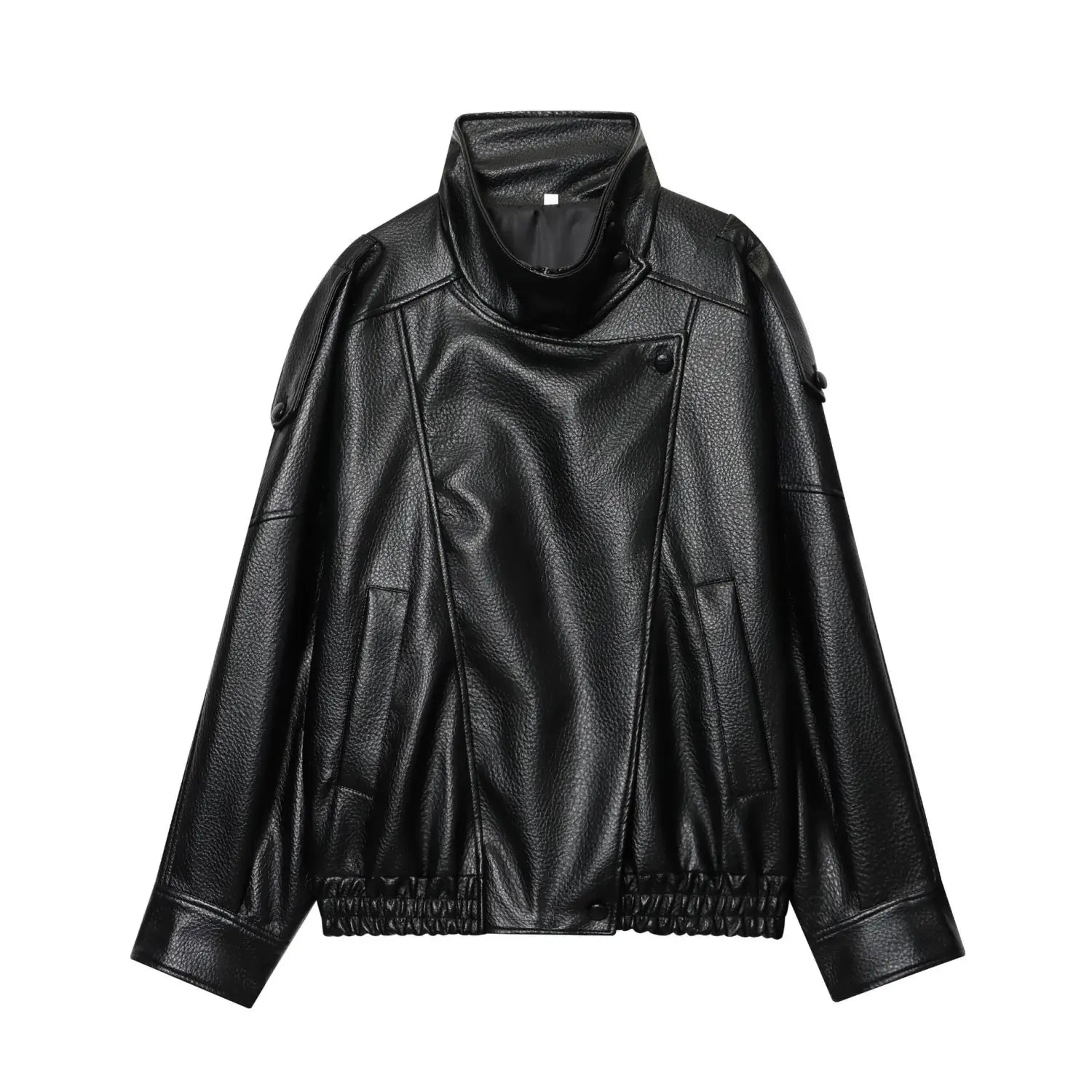 Schwarze Damen-Motorradjacke aus Kunstleder mit hohem Stehkragen und elastischen Bündchen.