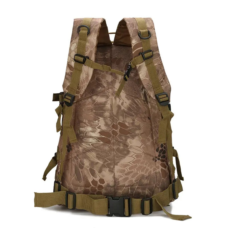 Tactical camouflage mountaineering backpack in tan and brown pattern with olive green straps and black buckles designed for hiking.