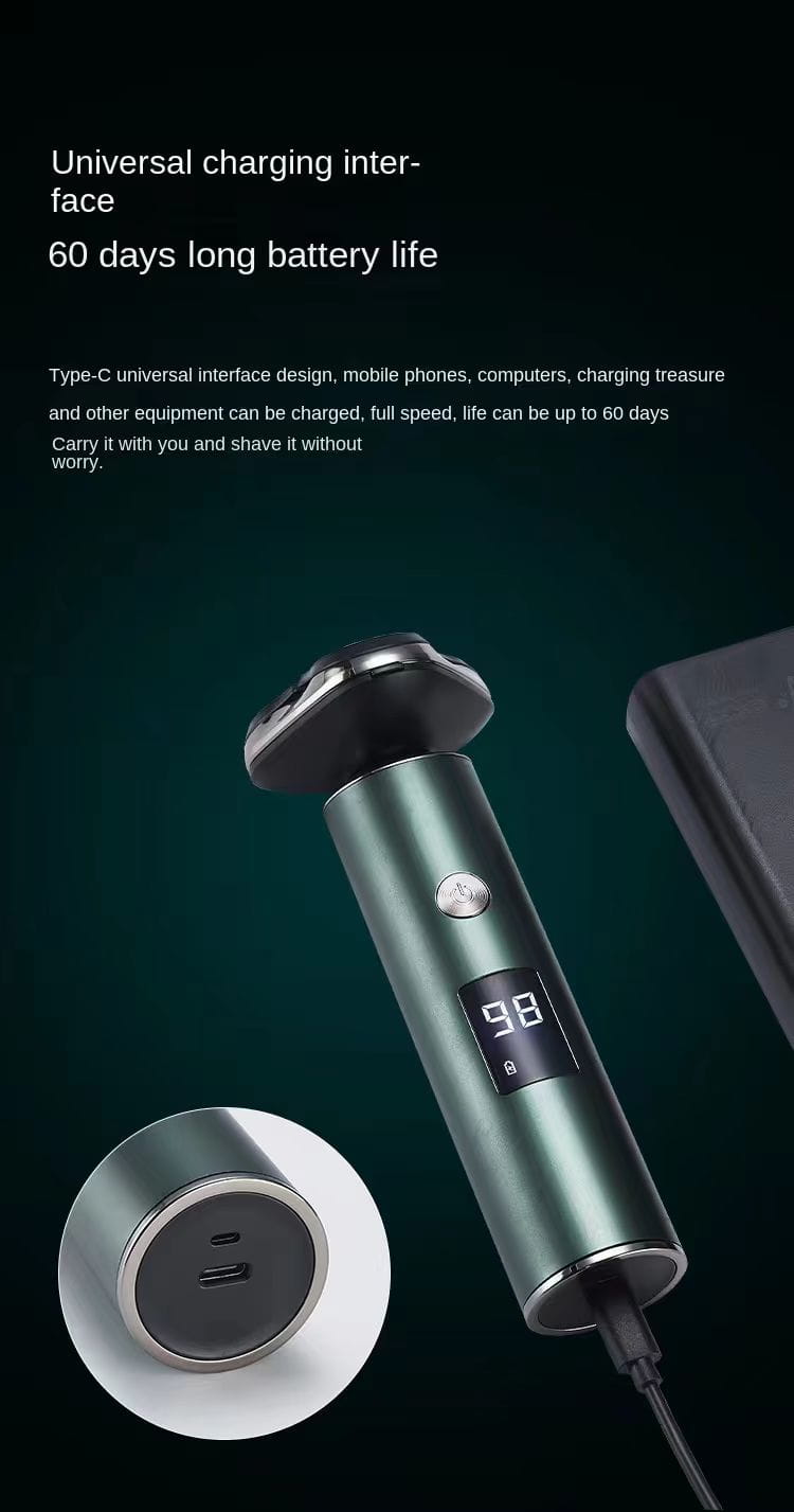 Rasoir électrique pour homme à triple tête, rasoir portable vert mat élégant, avec une tête de charge noire et un écran numérique indiquant 98, ainsi qu’un port type-c pour une charge universelle.