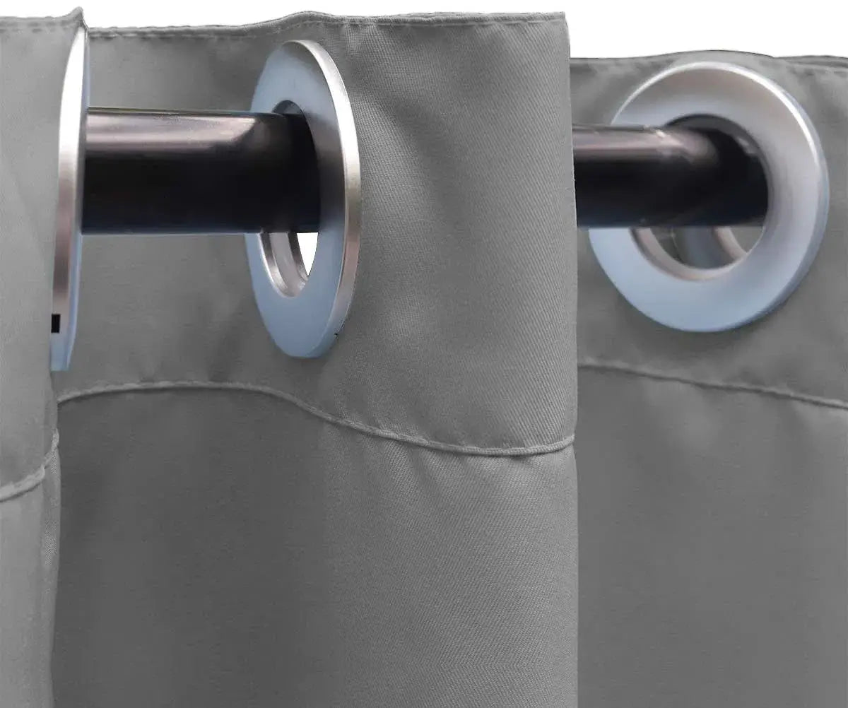 gray fabric outdoor blackout curtain with metallic grommets measuring 50 by 108 inches and featuring waterproof material