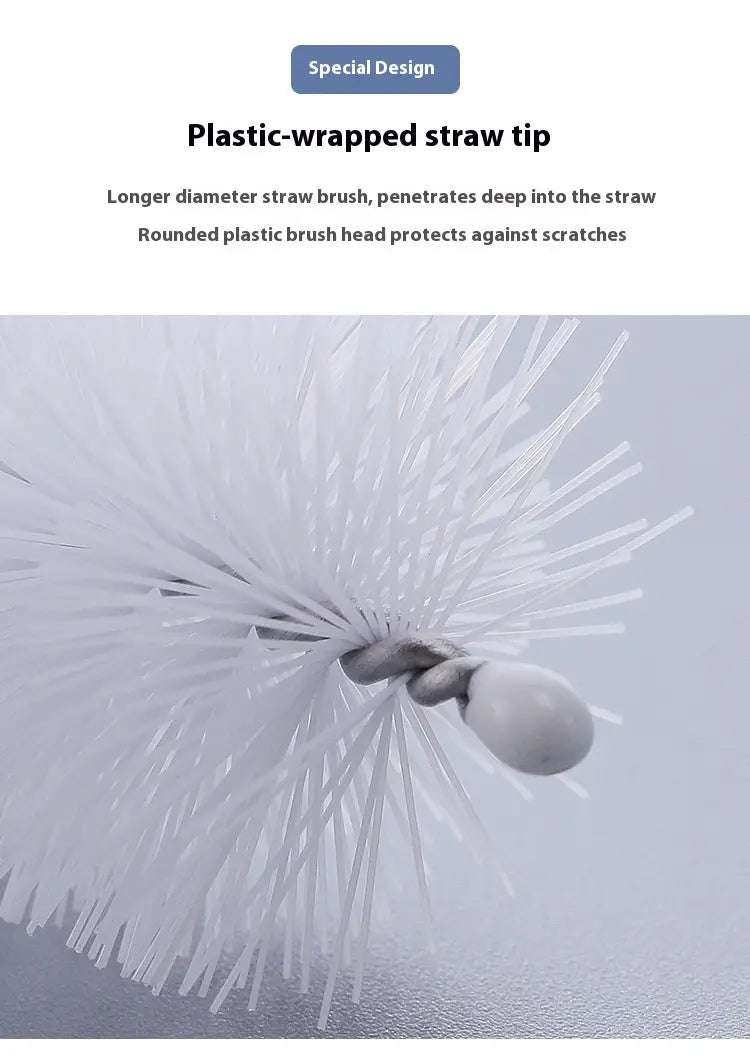 White plastic-wrapped nylon straw cleaning brush with rounded head for gentle cleaning in stainless steel 10 piece set.