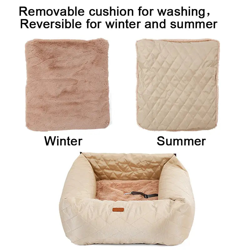 Removable cushion for a dog car seat bed waterproof foldable carrier with a plush tan winter side and a quilted beige summer side for reversible use.