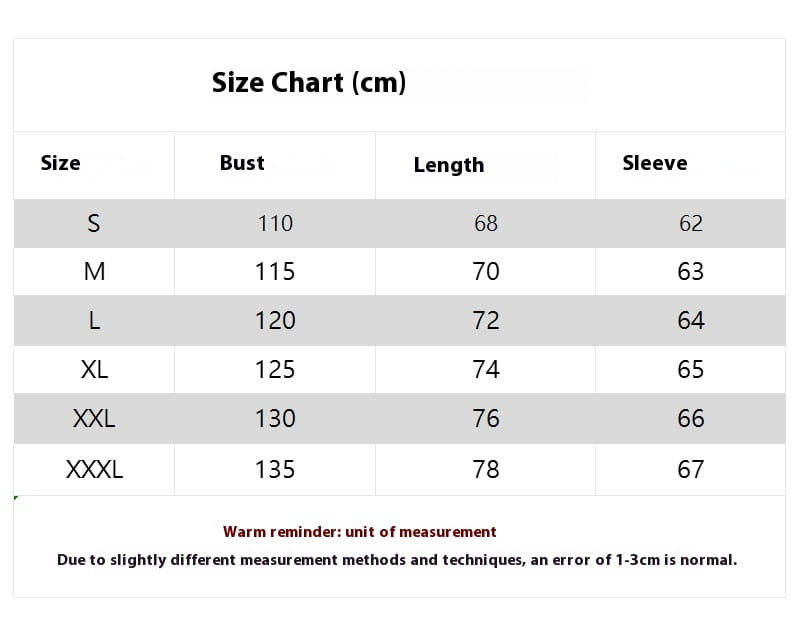 Size chart in centimeters for men’s corduroy jacket long sleeve button down shirt showing bust length and sleeve measurements from size s to xxxl.