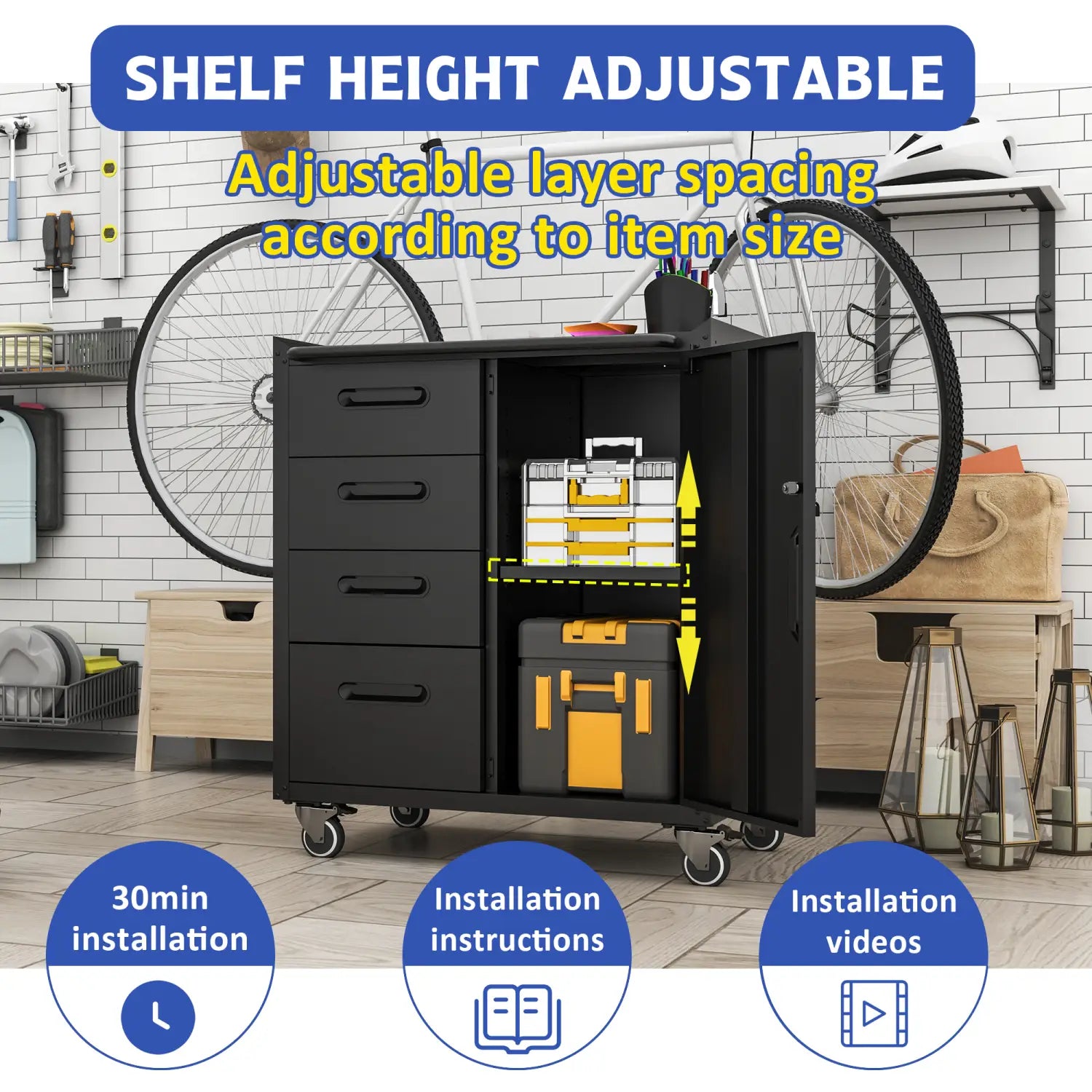 black metal tool storage cabinet with four drawers adjustable shelves and wheels for mobility