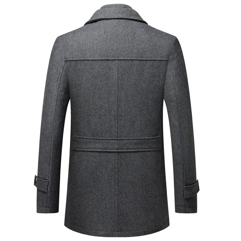 A dark gray woolen men overcoat with a notched collar and belt detail designed as a winter quilted jacket.