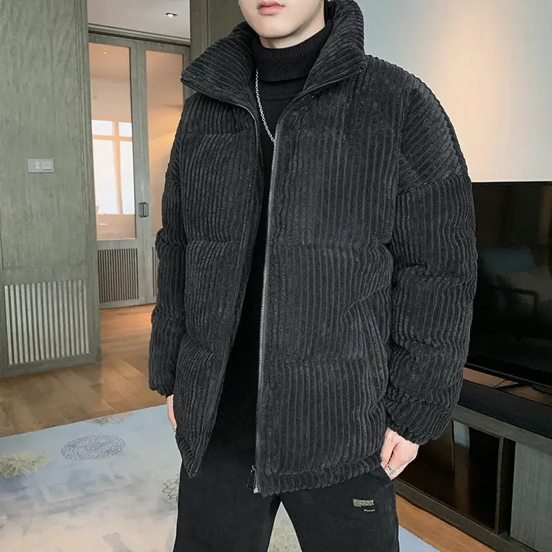 men’s thickened black corduroy puffer jacket with a high collar and front zipper designed for warmth and style.