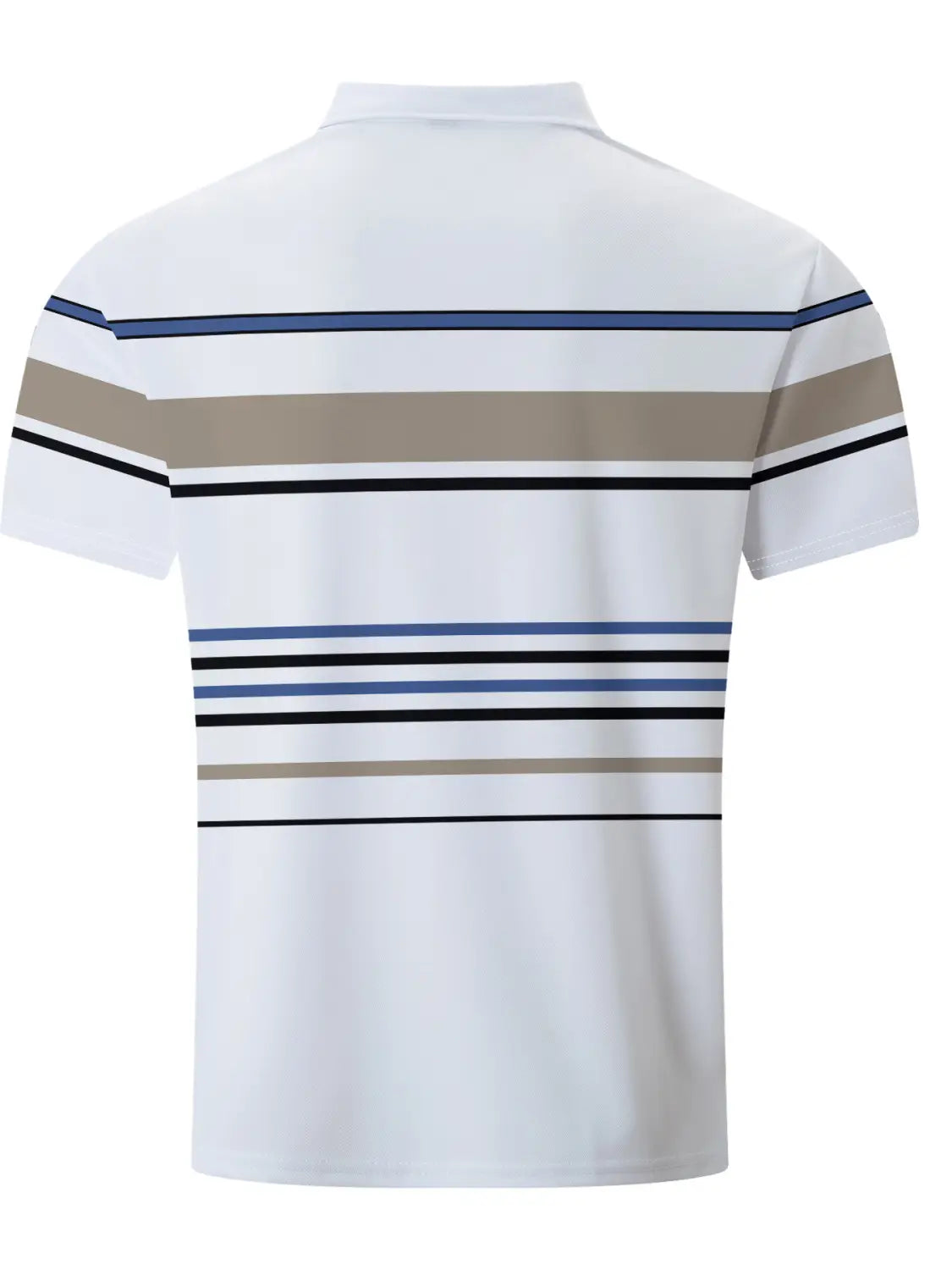 White polo shirt featuring geometric horizontal stripes in navy blue beige and black suitable for men summer wear.