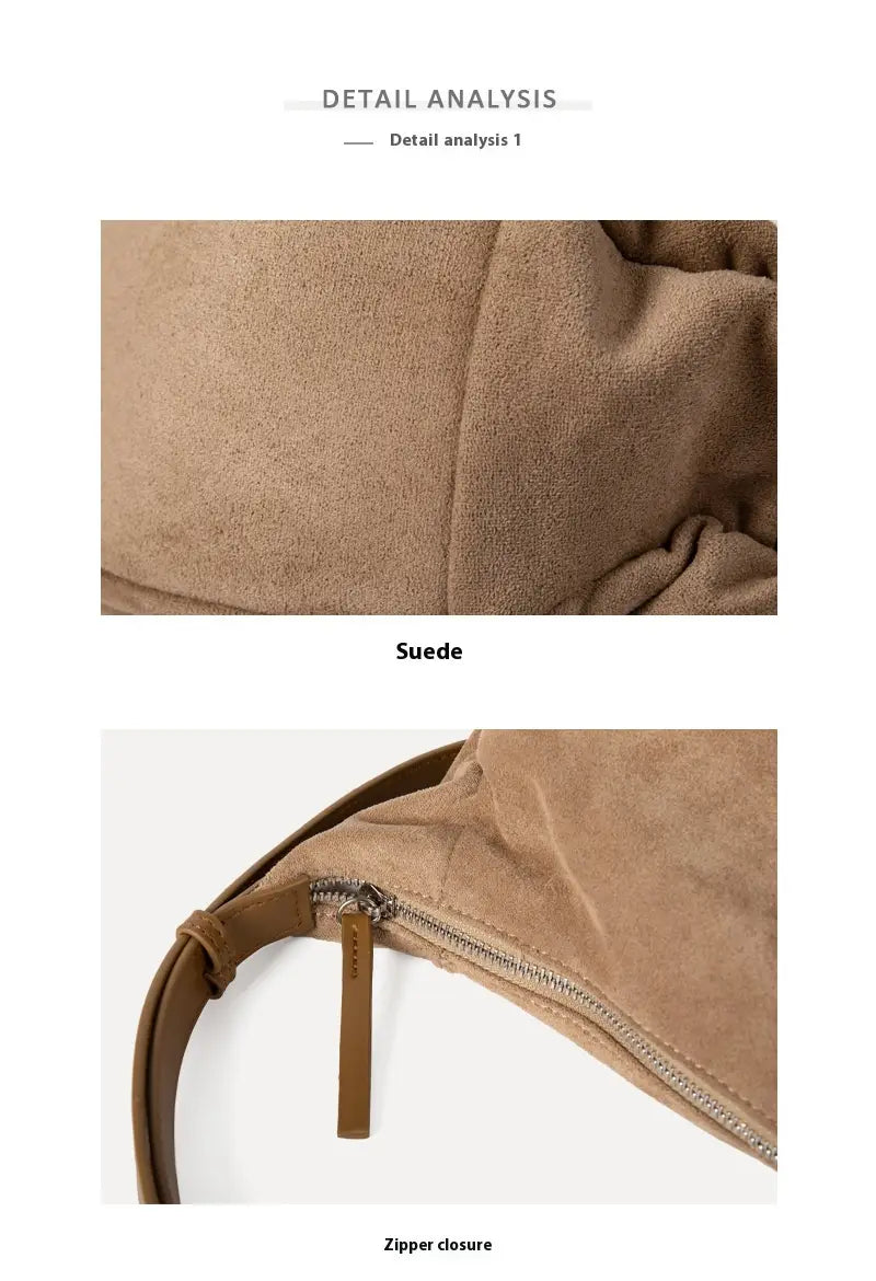 Tan suede dumpling shoulder bag slouchy crossbody hobo with zipper closure.