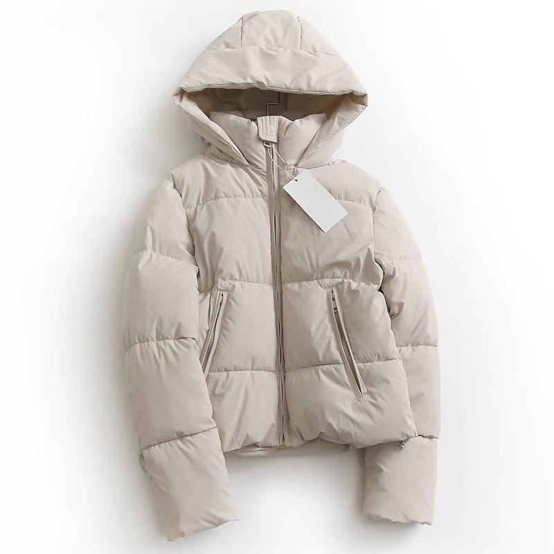 beige hooded puffer cotton coat featuring a hood and front zipper pockets for added functionality and style