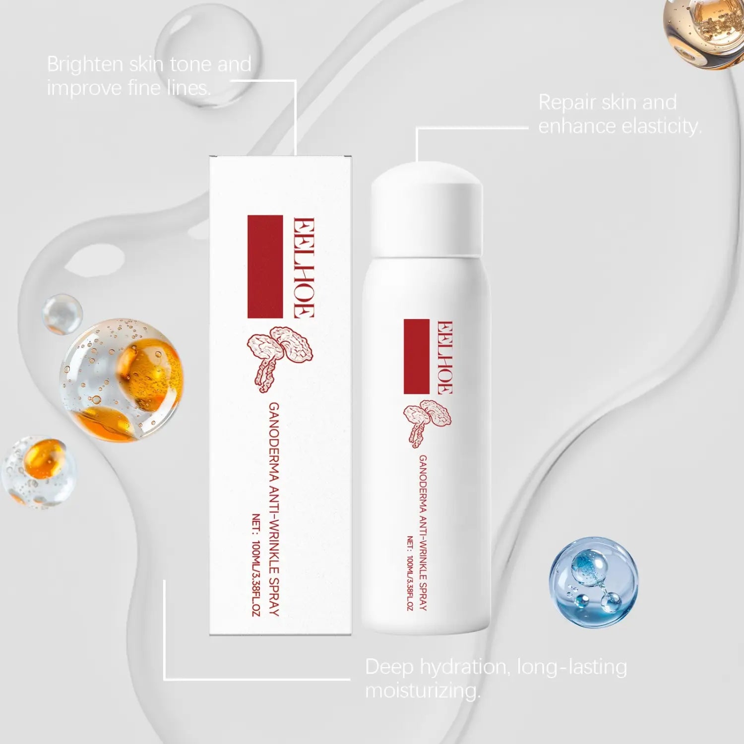 Weiße zylindrische Sprühflasche mit rotem felhoe Ganoderma-Branding und Pilzillustrationen, beschriftet als „Ganoderma Anti-Falten-Spray 100 ml“ festigende Lotion zur Pflege der Haut und zur Minderung von Falten.