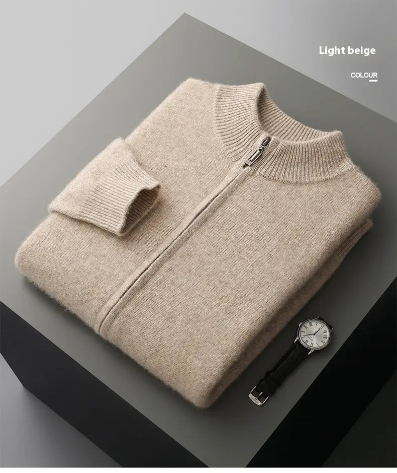 Light beige men wool cardigan zip-up sweater with soft knit fabric and ribbed collar and cuffs.