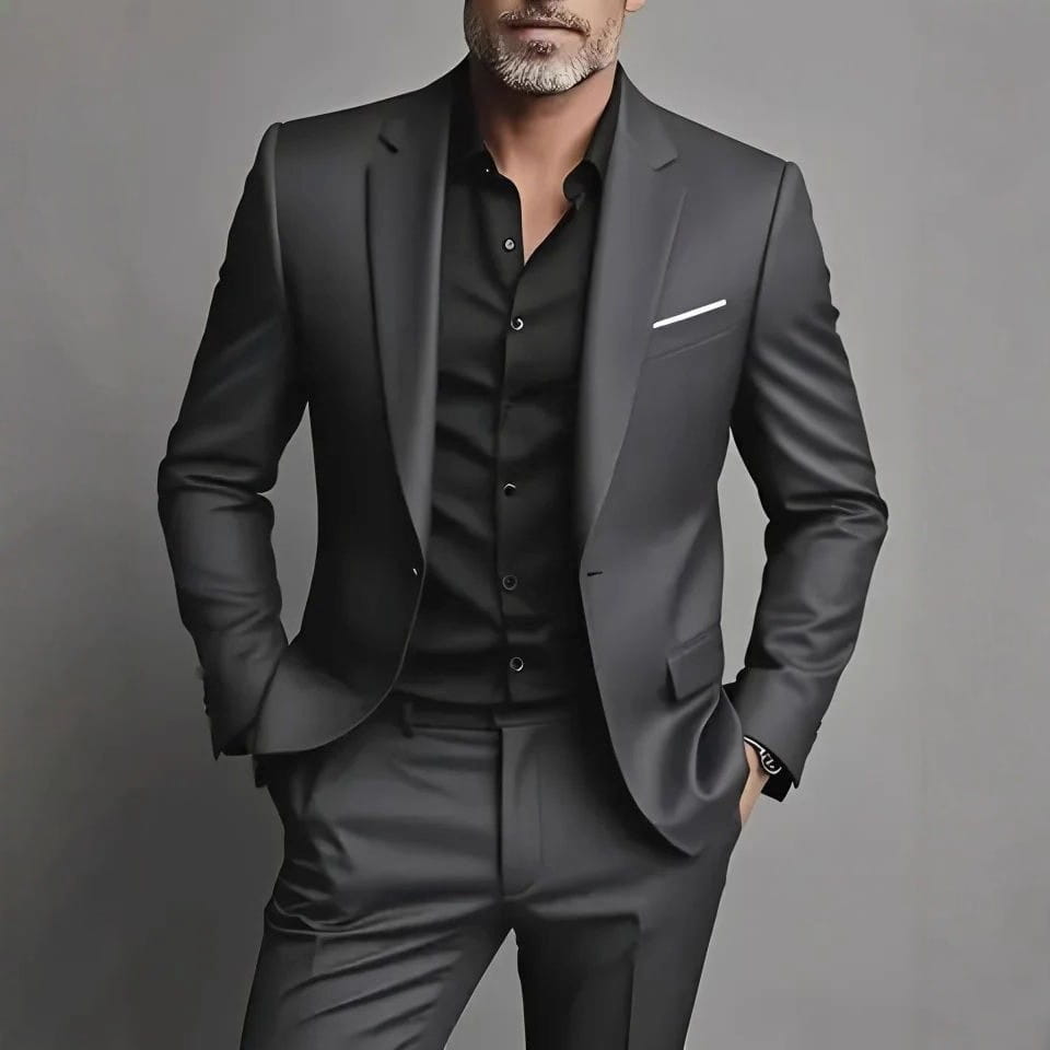 black tailored men slim fit satin suit two piece with a sleek modern cut and subtle sheen