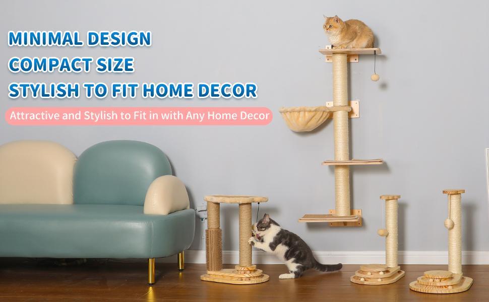 Griffoir pour chat beige, avec corde en sisal, piste à balles et plusieurs plateformes, conçu pour une décoration intérieure minimaliste.