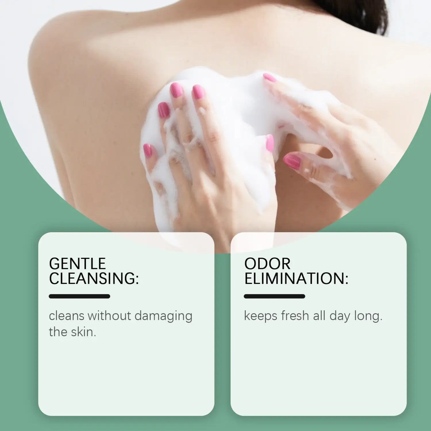 A creamy white foaming tea tree body wash moisturizing skin cleanser 100ml being gently lathered on skin by hands with pink nail polish.