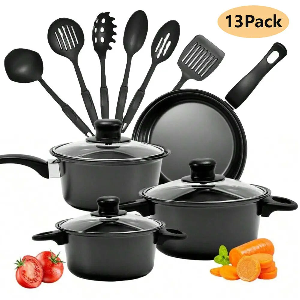 Black non-stick 13 piece cookware set with glass lids and matching utensils designed for versatile cooking.