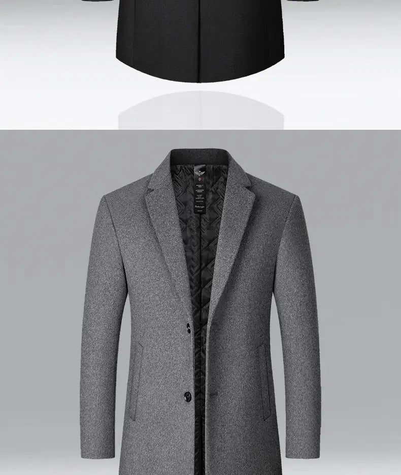 A sleek charcoal gray mens wool overcoat made from a wool blend with a structured collar and black button closures designed for warmth in winter.