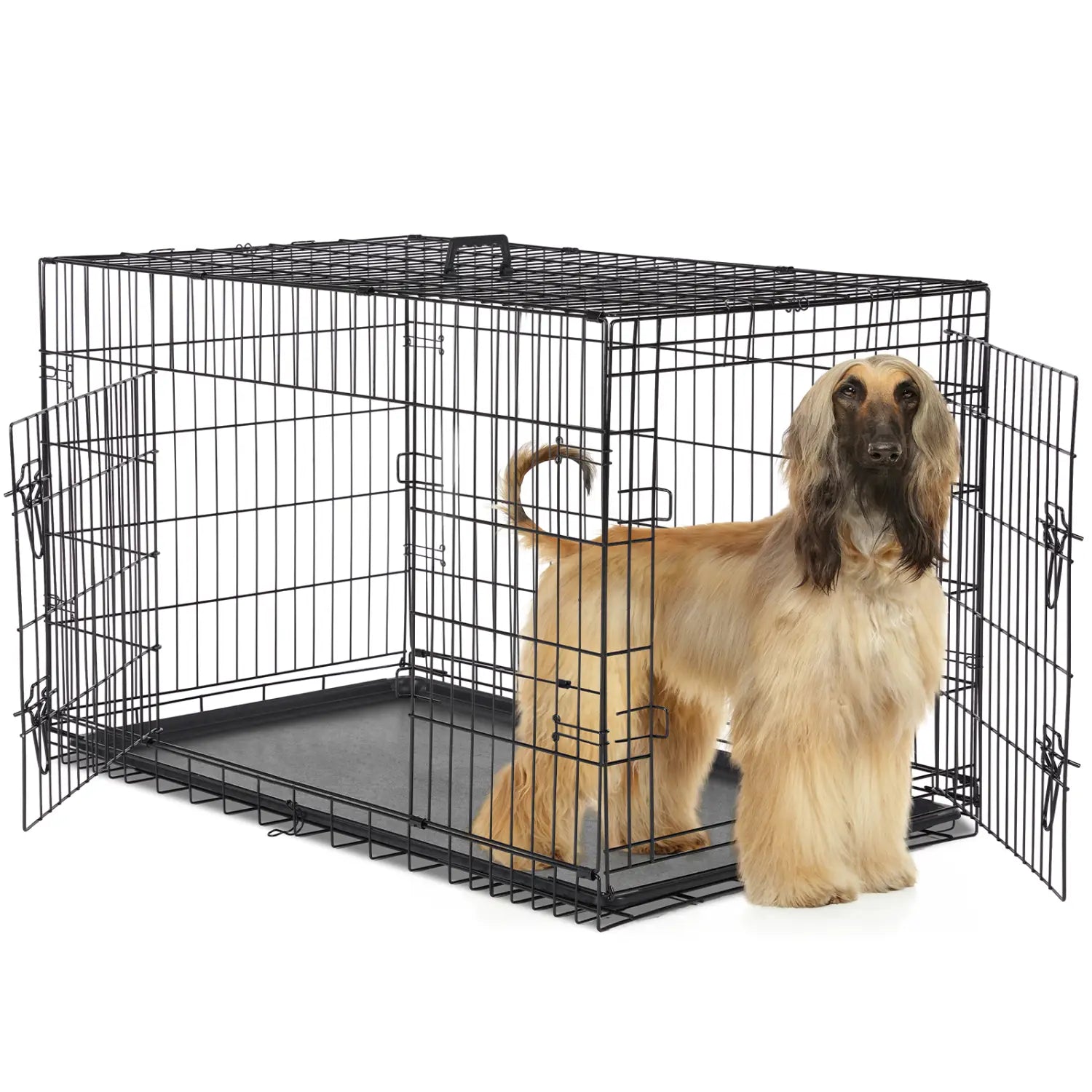 Jaula para perros de malla metálica negra de doble puerta con bandeja sólida de plástico negro extraíble para una limpieza sencilla y mayor durabilidad.