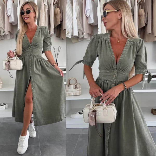 Olive green denim midi dress with button front, puff sleeves, and side slit.