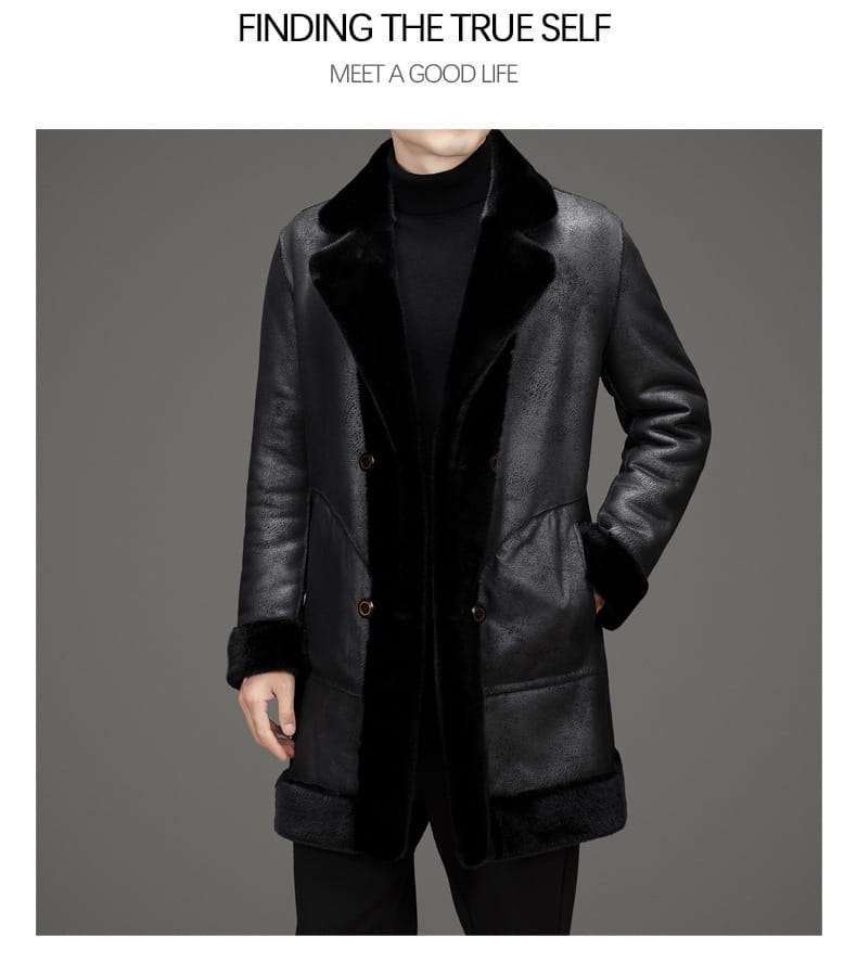 Men’s furs shearling double breasted winter coat in black featuring plush fur collar and cuffs made of shearling material.