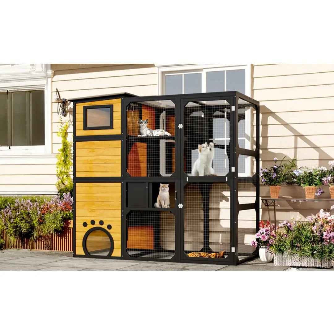 Large outdoor catio 4 tier wooden cat enclosure with black metal frame yellow wooden panels paw-print entrance and wire mesh sides.