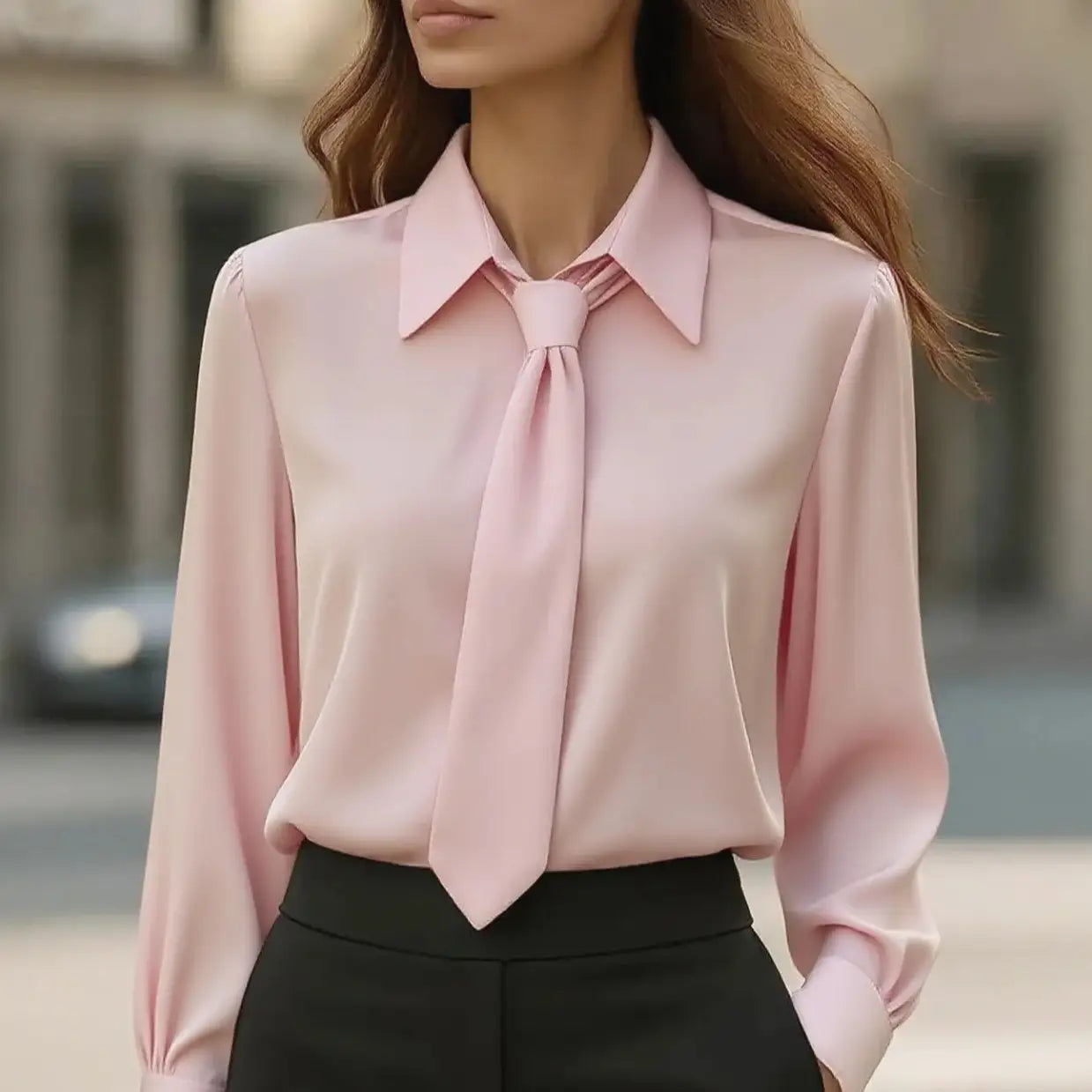 Camisa de satén con cuello tipo lazo y manga larga color rosa suave, con un cuello clásico y detalle de lazo anudado en el cuello.
