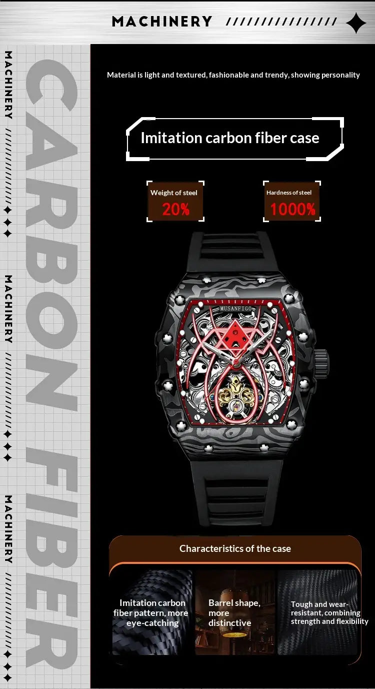 Men’s barrel skeleton automatic mechanical sport watch featuring a black imitation carbon fiber case with a red and gold skeleton dial design.