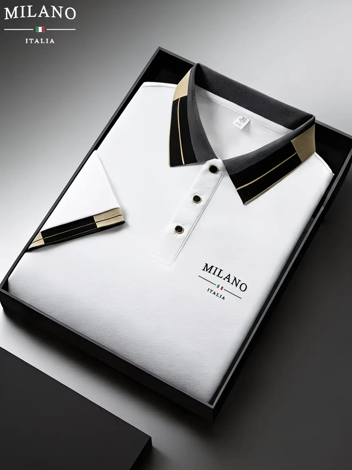 Mens slim fit white polo shirt with black and gold trim featuring a branded Milano Italia logo on the chest.