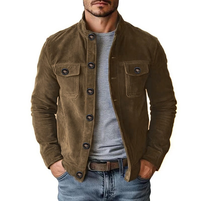 Herren-Casual-Olivfarbene-Faux-Suede-Slim-Fit-Motorradjacke mit dunklen Knöpfen und zwei Fronttaschen.