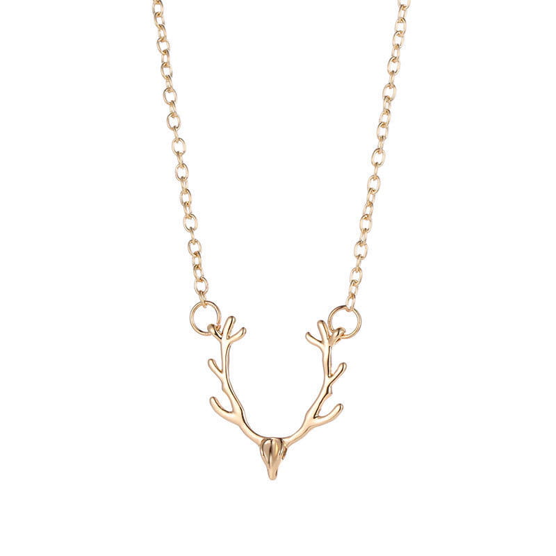 Gold-toned deer antler gemstone pendant clavicle necklace with a delicate chain.