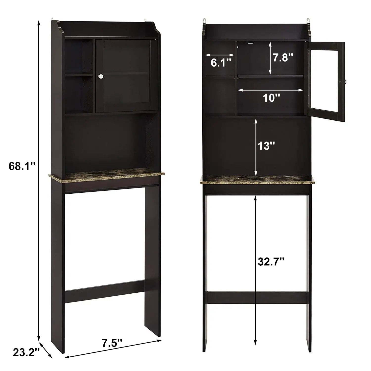 Espresso over the toilet wood storage cabinet with black wooden frame, marble-patterned countertop, and glass-paneled doors for bathroom organization.