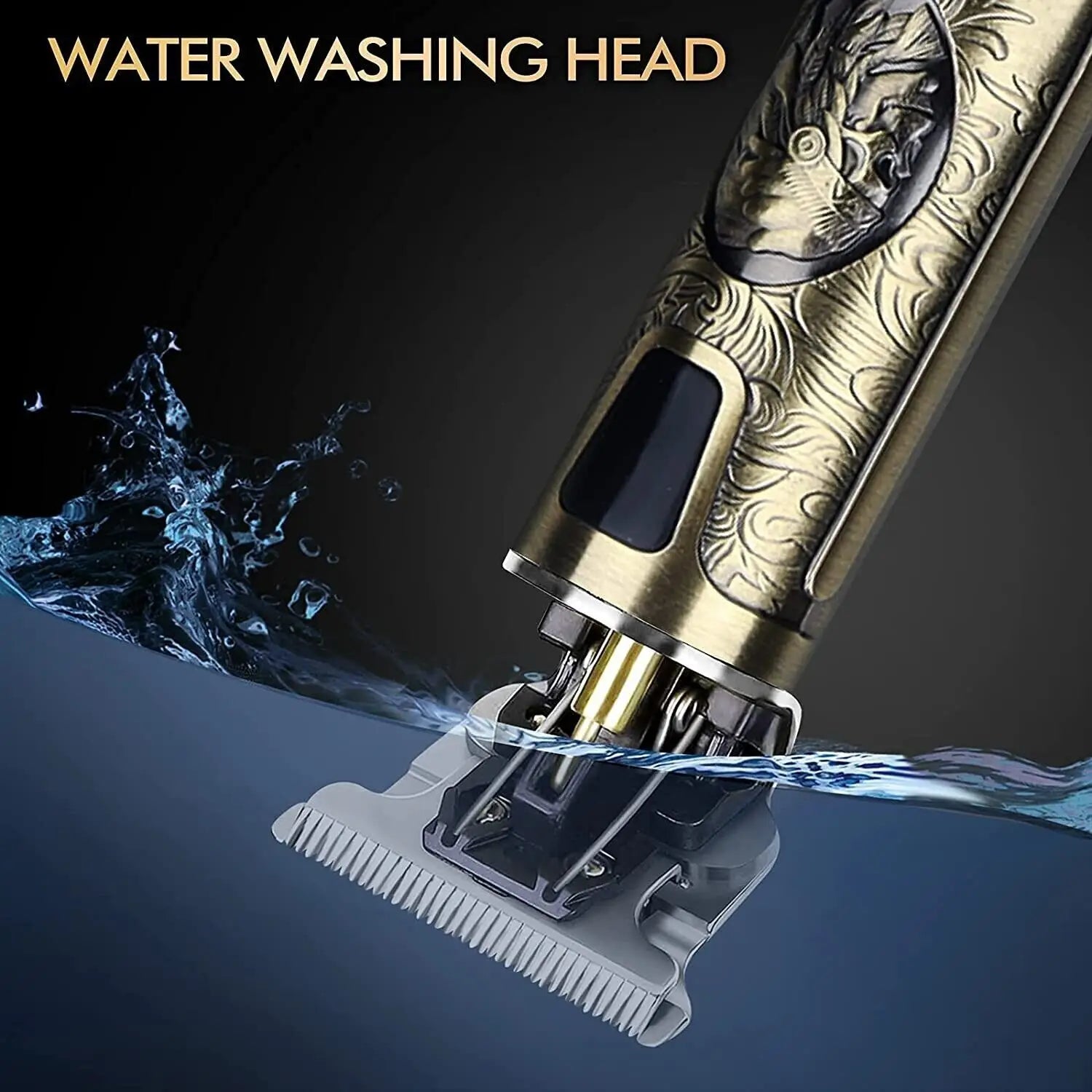 Gold-colored electric hair clipper for men with intricate engraved floral and skull design on the handle and a detachable silver-toned cutting head for professional trimming.